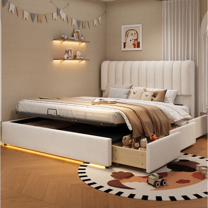 Lit combiné Double 140×200 cm coffre hydraulique 3 tiroirs et LED - YEAVIO - sans matelas velours beige