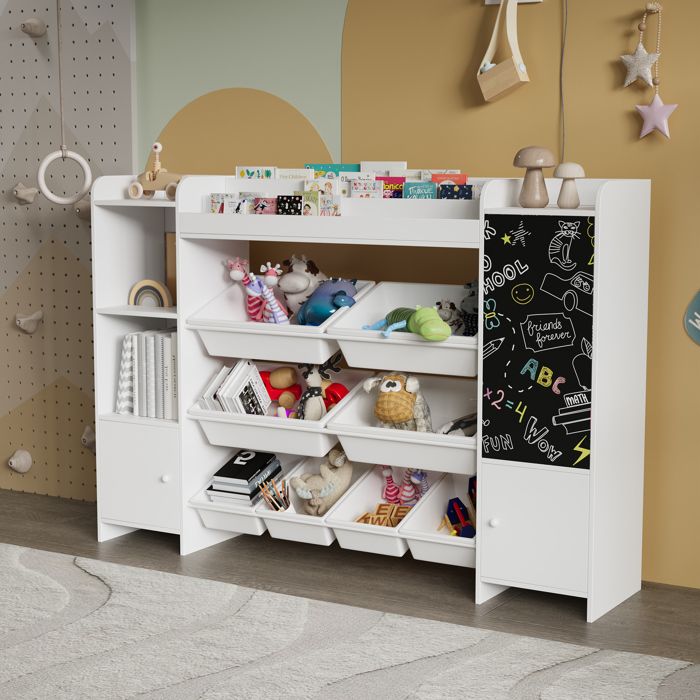 Bibliothèque enfant rangement étagère jouets bois avec 8 boîtes meuble enfant multifonction avec tableau blanc 137x30x94 5 cm