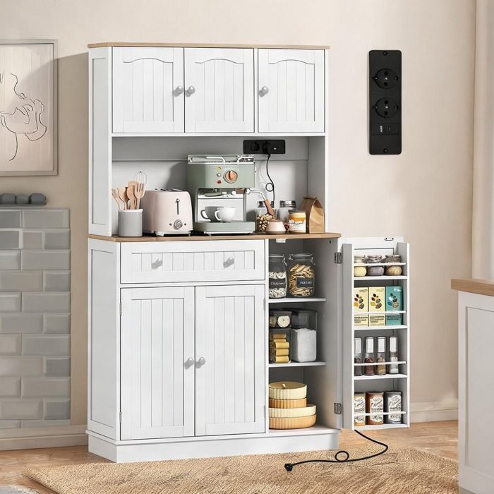 Buffet haut en MDF laqué blanc 4 portes et 1 tiroir rangement cuisine style campagne 100x40x173 cm