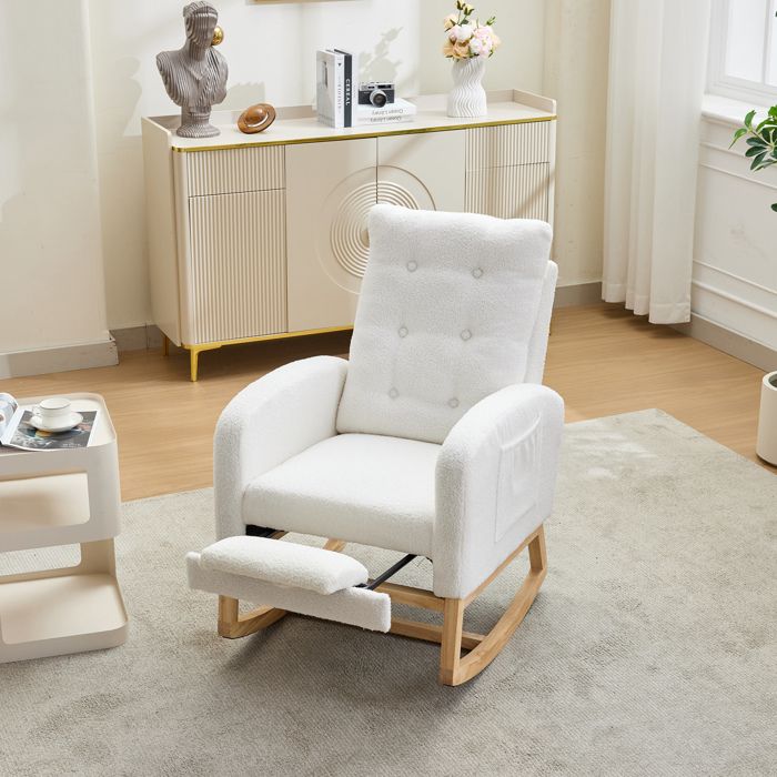 Fauteuil rocking-chair avec repose-pieds et USB - BEAUNIV - bouclé blanc 665 × 1215 × 102 cm