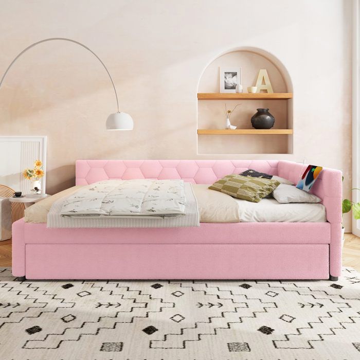 Lit banquette 140 x 200 cm convertible avec lit tiroir usb type-c lampe tissu confort rose