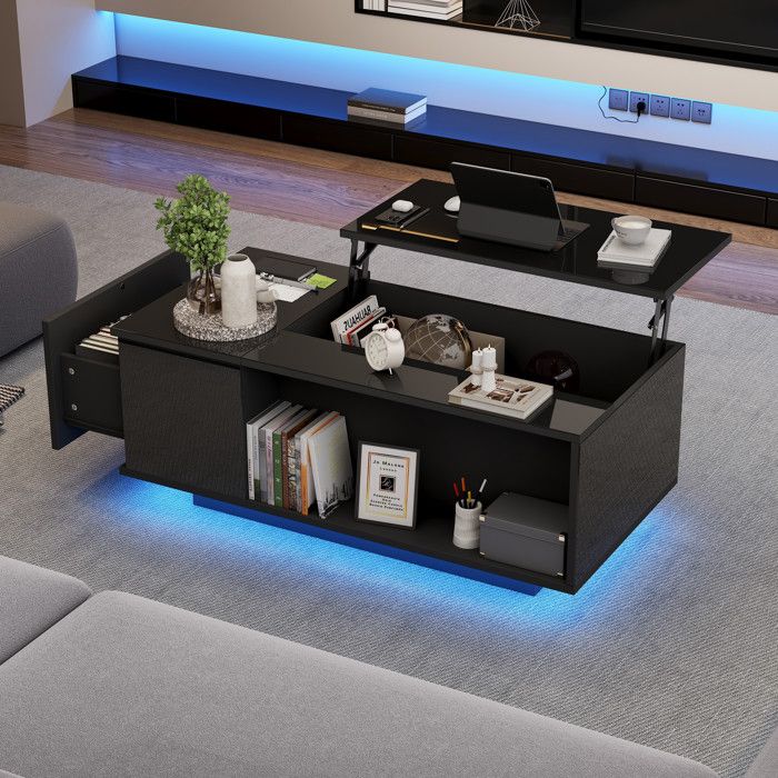Table basse relevable - FUNMOON - Funmoon - 100 x 50 x 40 cm - Noir - Rangement dissimulé LED Bluetooth