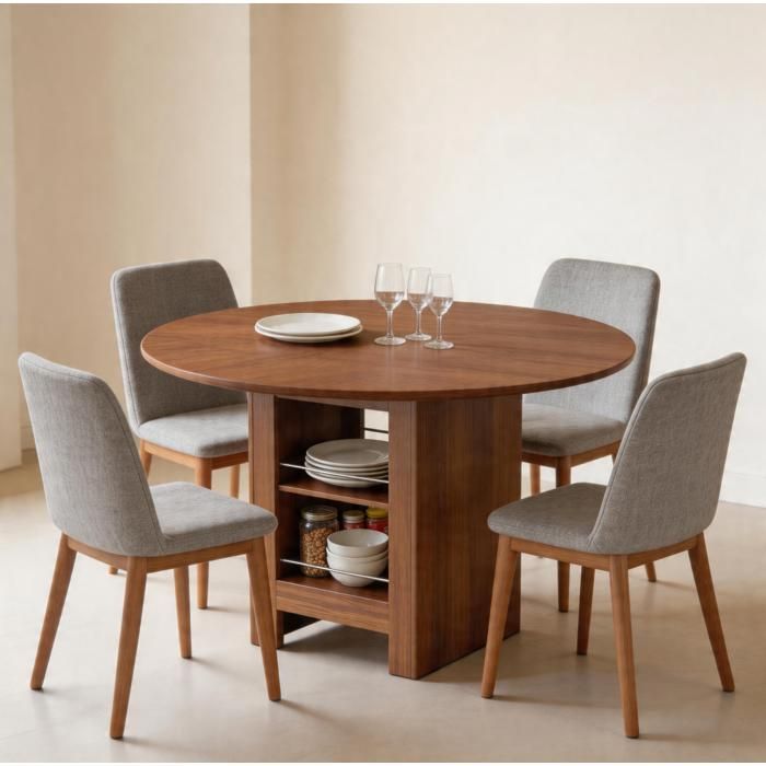 Table à manger ronde 100 cm en MDF aspect noyer avec rangements ouverts hauteur 76 cm pour cuisine et salle à manger