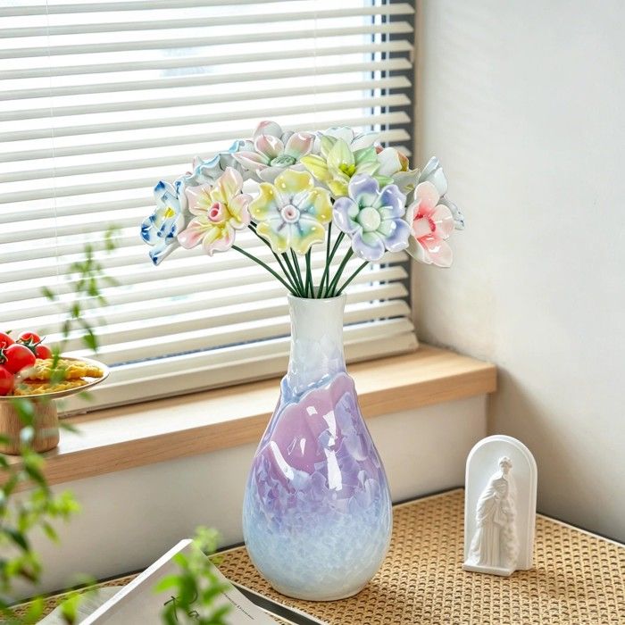 Vase en céramique émaillée cristalline au hasard avec 10 fleurs en céramique dégradée