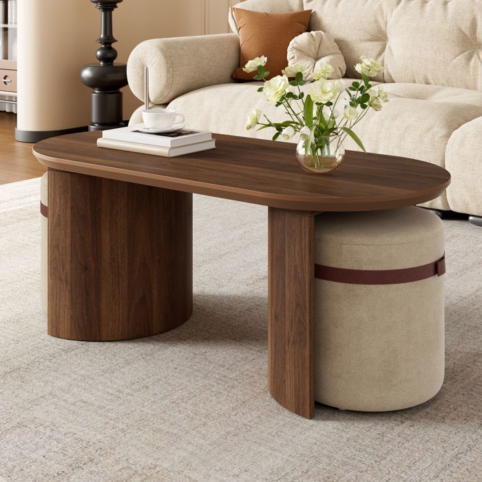 WUVRIE Table basse ovale 3 pièces avec 2 poufs ronds MDF couleur noyer style moderne