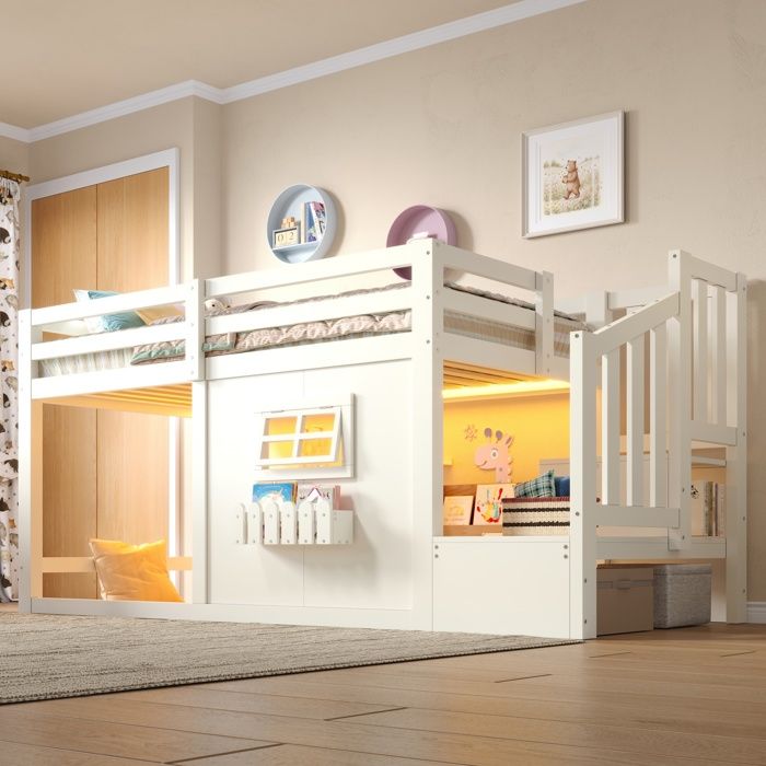 Lit mezzanine enfant 90x200 cm Lit cabane Lit mi-hauteur Lit simple en bois avec bande LED fenêtre échelle de rangement blanc
