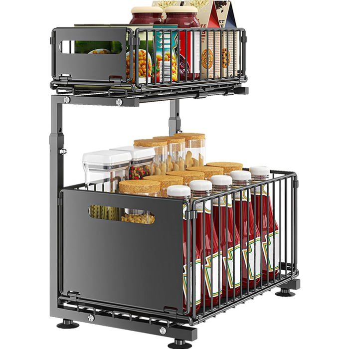Meuble sous évier 2 niveaux en métal noir - étagère hauteur réglable 38 x 26 5 x 41-48 5 cm - acier au carbone