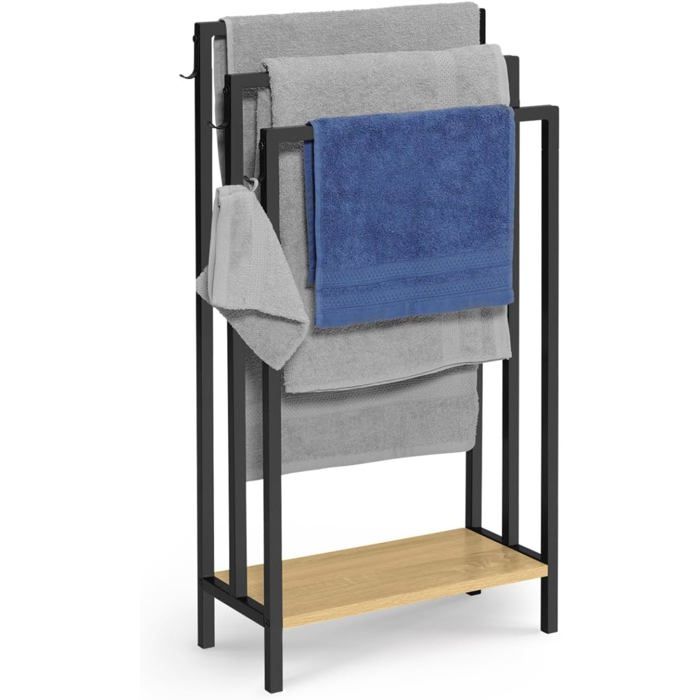IDMarket Porte-Serviettes sur Pied Detroit 3 Niveaux avec Étagère Métal Noir et Bois 45x21x85 cm