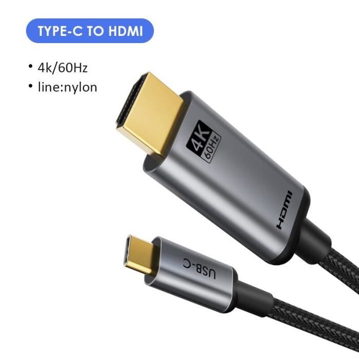 4K 60Hz - 1,8 m - câble USB Type C vers HDMI, adaptateur, HDMI Thunderbolt  3, pour Samsung Huawei Book pro C0
