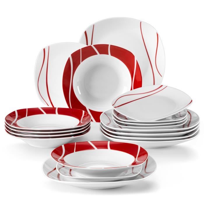 MALACASA Assiette Série FELISA 18 pièces Service de Table Complet en Porcelaine Motif à rayures blanches et rouges