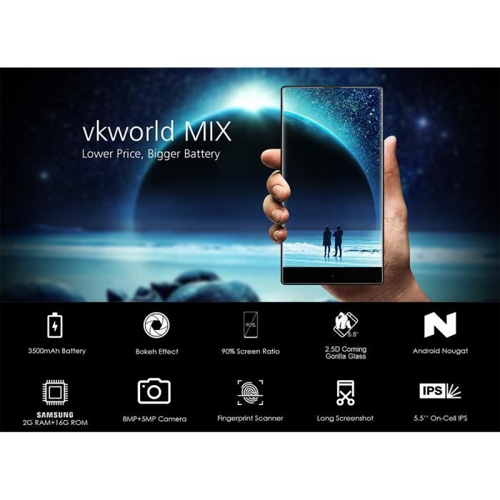Vente Téléphone portable VKWORLD MIX 4G phablet 5.5 '' Android 7.0 MTK6737 Quad Core 2 Go 16 Go 3500mAh pleine_hua270 pas cher Vente Téléphone portable VKWORLD MIX 4G phablet 5.5 '' Android 7.0 MTK6737 Quad Core 2 Go 16 Go 3500mAh pleine_hua270 pas cher