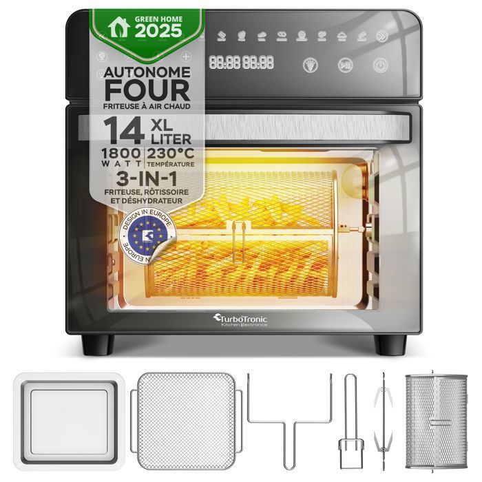 TurboTronic AFO14– Four et Friteuse à Air Chaud – Four de Table 14L – Chaleur Tournante – Mini Four – 1800 W - 50 à 230 °C – Inox - Turbotronic