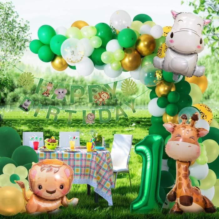 Déco Anniversaire 1 An Safari Jungle – Ballons Animaux, Bannière, Numéro 1