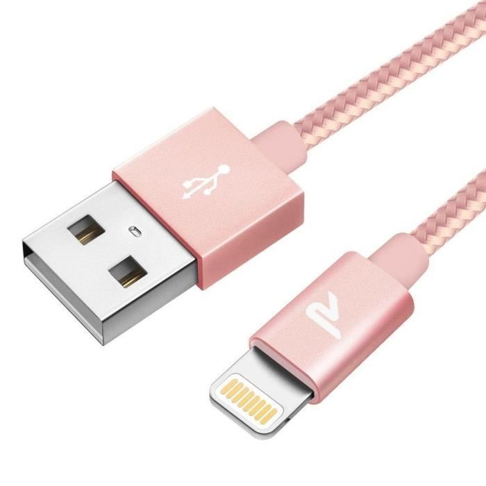 RAMPOW MFi câble Lightning pour iPhone X, 1 m-3.3ft 5 V-2A câble de charge USB pour iPhone XR-8-7 Plus, pour iPad Rose RAMPOW MFi