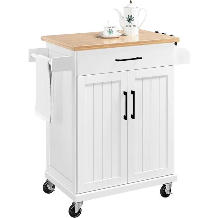 Desserte De Cuisine à Roulettes Avec Plateau Bambou - Meuble Rangement Avec Tiroir, 66x91x45cm