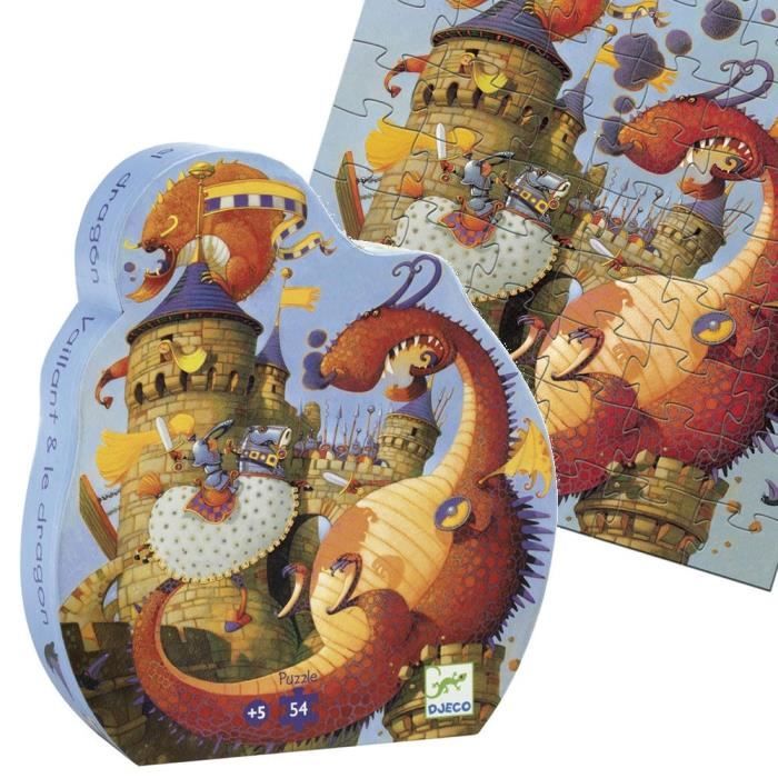 Puzzle enfant 5 ans Djeco Vaillant et le dragon 54 pièces boîte silhouette  puzzle histoire