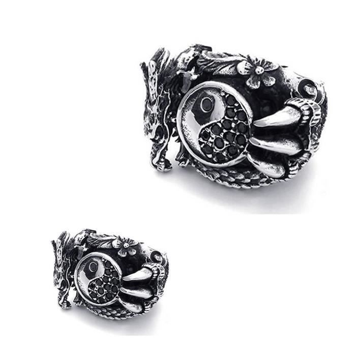 Bijoux Bague Homme Dragon Biker Yin Yang Tai Chi Acier Inoxydable