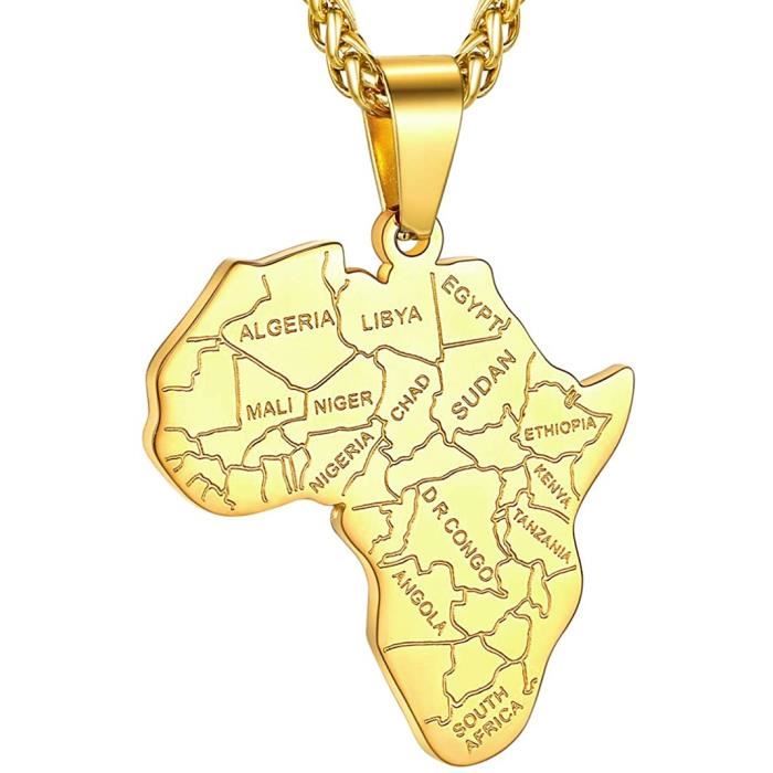 goldchic pendentif carte afrique collier africain continent acier inoxydable homme femme personnalisé prénom gravé chaîne garçon-n