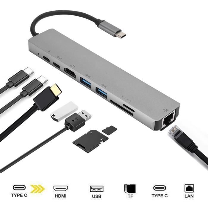 Convertisseur USB Type-C 8en1 - Gris