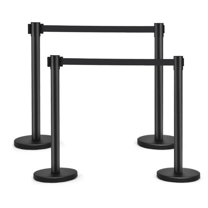 COSTWAY 4 Poteaux de Guidage Guide File avec 2 Sangles Rétractable 2 M en Acier Inoxydable pour Aéroport, Théâtres, Cinéma Noir