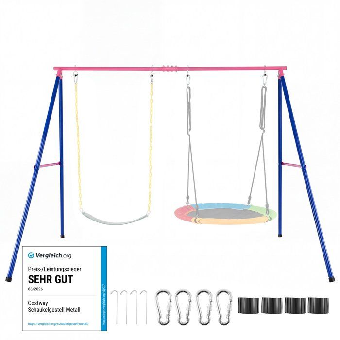 Balançoire Extérieur Enfants COSTWAY-en Métal Structure en A-Charge 300KG--Mousquetons et Couvre-pieds-2 Façons de Suspendre-Rouge