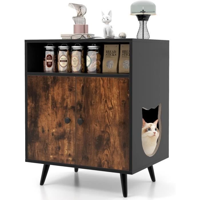 Meilleurs prix pour GOPLUS 2 en 1 Armoire à Litière pour Chat, Maison pour Chat avec Compartiment Ouvert, Kits Anti-Éclaboussures, Marron