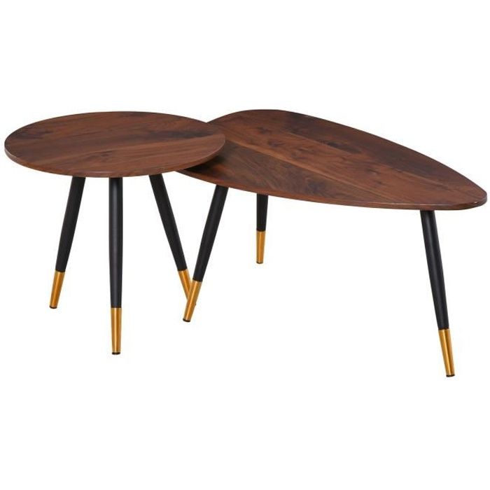 tables basses gigognes style art déco - homcom - lot de 2 - noir, doré, aspect teck foncé avec veinage
