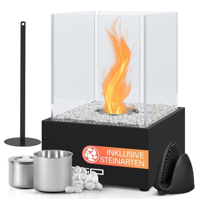 Jago® Cheminée Éthanol de Table - 25x21x28cm, Acier Inoxydable, Panneaux en Verre, Pierres Décoratives - Cheminée à Poser au Sol