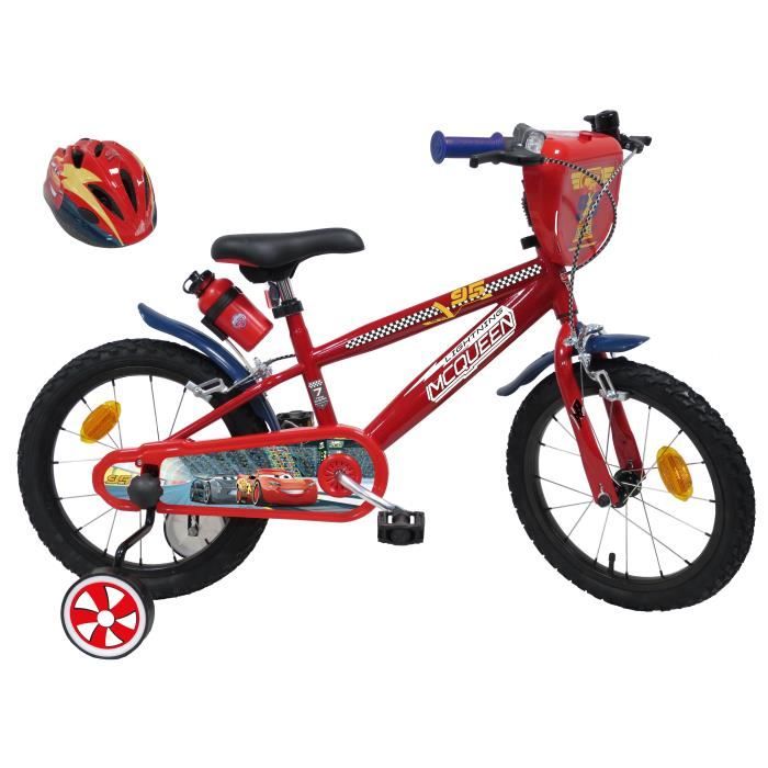 Velo enfant 16 CARS 3 DISNEY equipe de 2 Freins bidon porte bidon plaque avant decorative pneus gonflables CASQUE INCLUS Cdiscount Sport