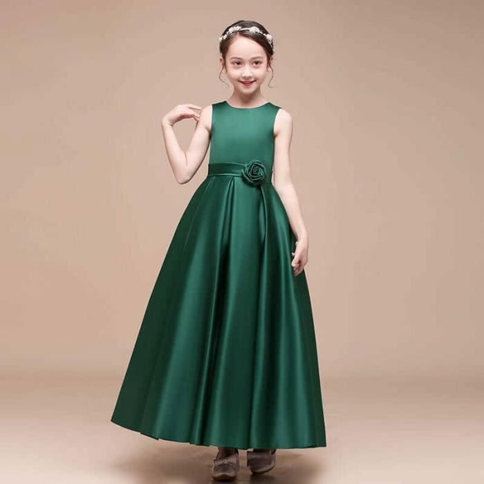 Robe Soirée Princesse Fille En Satin Sans Manches Robe Longue Mariage  Cérémonie Ceinture À Fleur Couleur Unie Vert