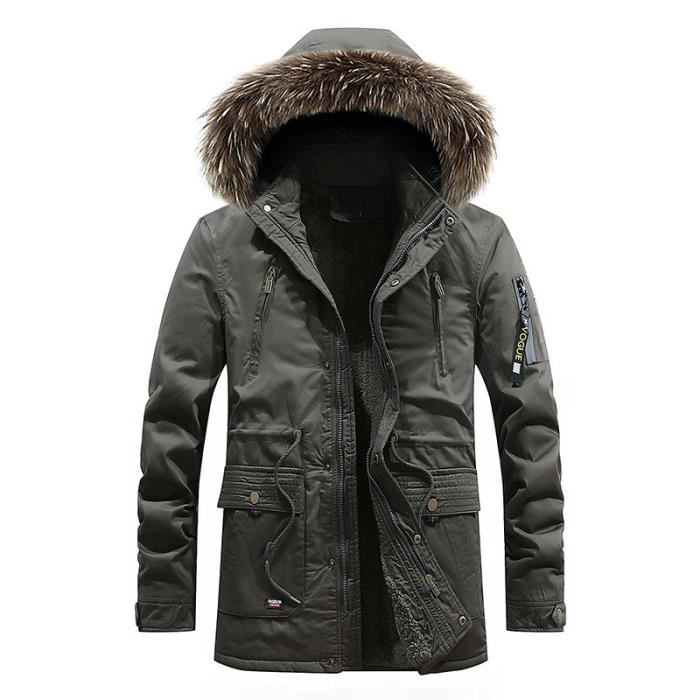 Parka homme de Marque a capuche fourrure synthetique Parka d hiver chaud plus de velours parka hommes Vert militaire Vert militaire Cdiscount Pret a Porter