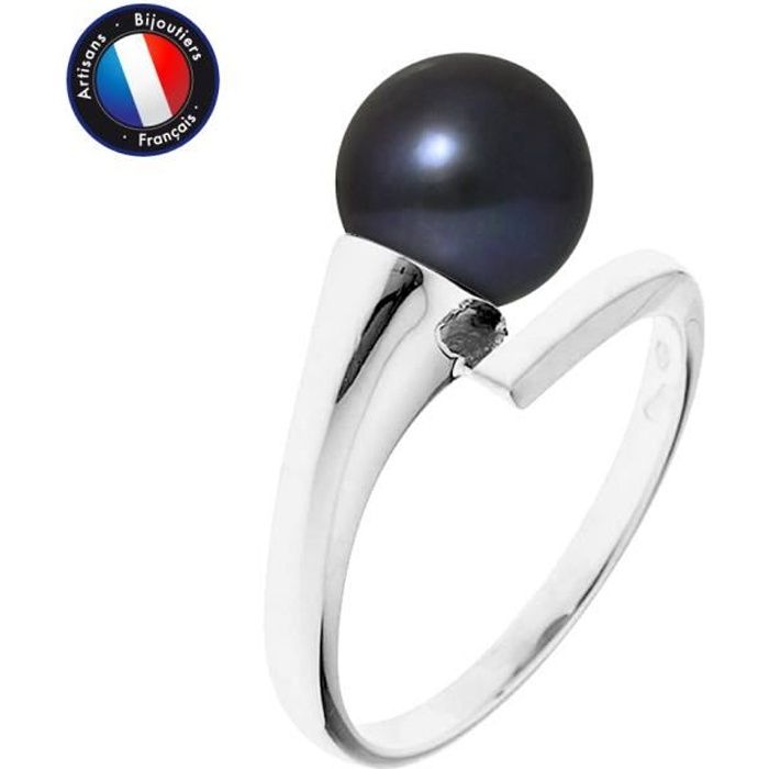 PERLINEA - Bague Véritable Perle de Culture d'Eau Douce Ronde 8-9 mm - Colori Black Tahiti - Or Blanc - Bijou Femme