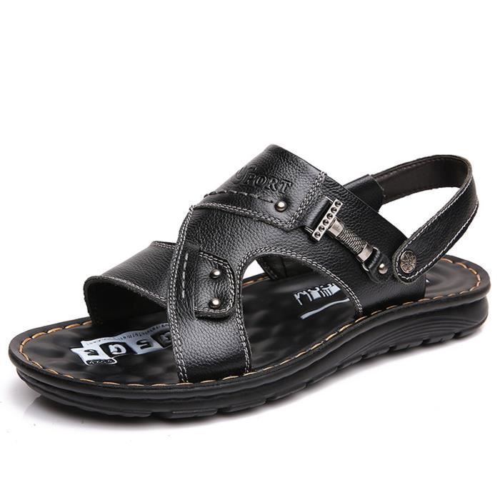 Sandales à glissière pour Hommes Simple Bout Ouvert en Cuir Rivets Fermeture Sandale de Plage Anti-dérapant Classique Pantoufle Chaussures