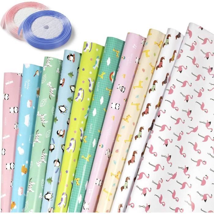 Rouleaux Papier Cadeau - 5 Motifs + 3 Rubans - 43cm X 3m - Pour Anniversaire, Noël, Mariage