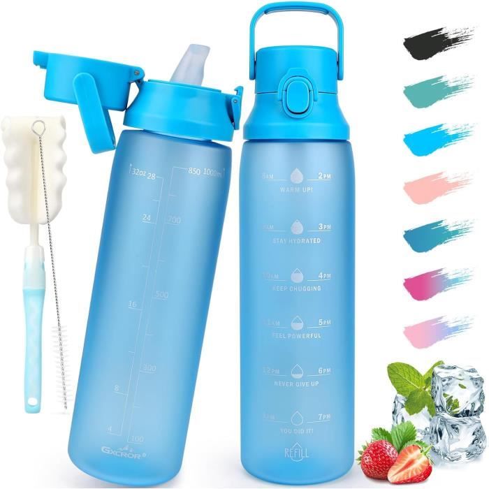Gourde Sport Motswedi 1L Avec Paille - Indicateur De Temps Et Graduations - Anti-fuite, Réutilisable - Pour Fitness, Yoga, Bureau, Camping - Couleur Bleu-vert