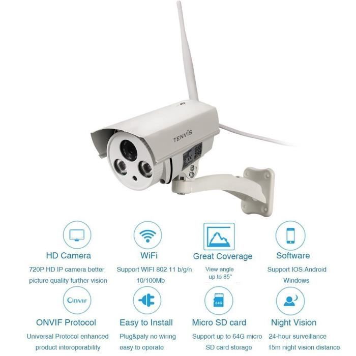 Tenvis T8862 Caméra de surveillance extérieur HD 720P IP Wifi sans fil -  1280x720 1 Megapixels – Waterproof - Alarme Push sur - Cdiscount Bricolage