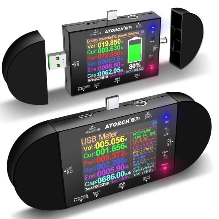 Testeur USB Voltmètre Ampèremètre Numérique Avec Bluetooth - Écran LCD Pour Mesurer Tension, Courant, Puissance, Protocoles PD/QC