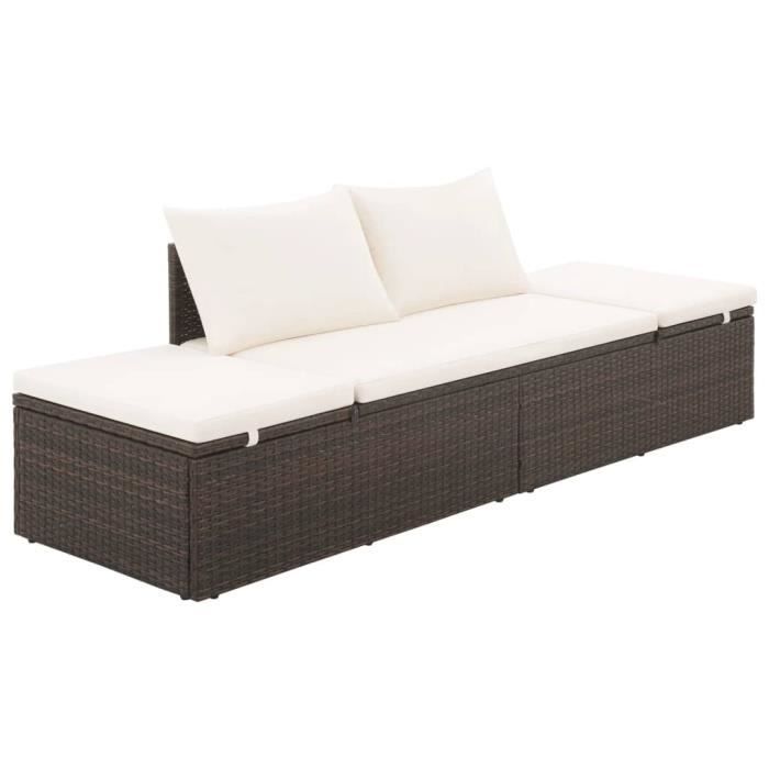 lit de jardin en résine tressée avec coussin - marron / blanc - 195 x 60 x 60 cm