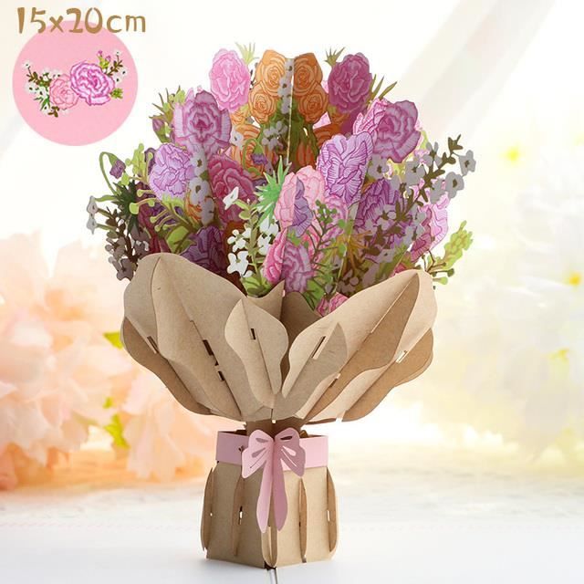 ROBBEAR Carnation Bouquet Carte Pop-up 3D Avec Enveloppe Pour