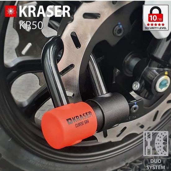 Antivol Moto Homologué SRA KRASER KR50 - Bloque Disque Mini U Haute Sécurité Niveau 10, Anti-Scie Anti-Perçage 45x70mm Avec Câble
