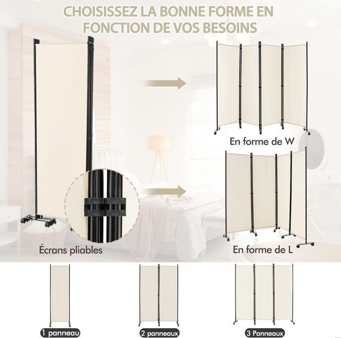 Giantex Paravent 4 Panneaux Pliant 220x173 Cm – Séparateur De Pièce Intérieur Extérieur Blanc, Cadre Fer Robuste, Intimité & Décoration