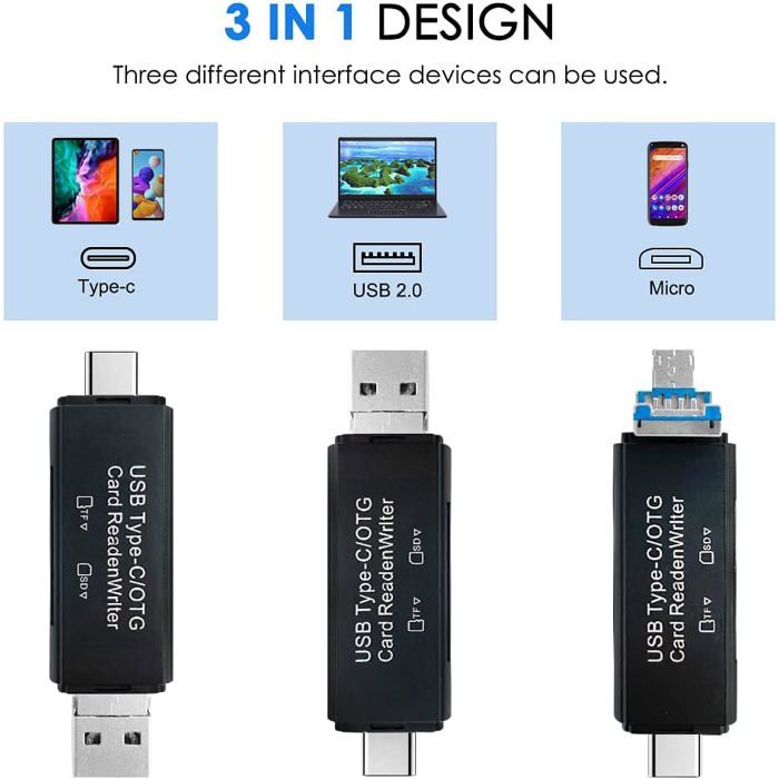 Lecteur de cartes SD USB 3 en 1 avec Ports USB-C et MicroUSB