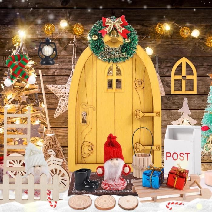 Kit Porte Lutin De Noël - Déco Miniature Avec Arbre, échelle, Balai, Boîte Aux Lettres, En Bois