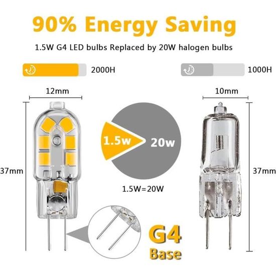 G4 LED 12V 2W Blanc Chaud 3000K, 200lm, quivalent Lampe Halogène G4 10W  20W, non-dimmable