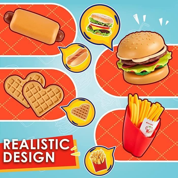Jouet Dinette Fast-Food 12 Pièces - Hamburger Frites Hot-Dog - Cuisine Enfant 3+ Ans - Cadeau Fille Garçon