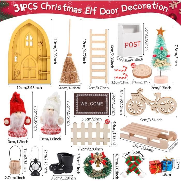 Kit Porte Lutin De Noël CIRULLI - Ensemble Décoration Miniatures Avec Arbre, échelle, Balai Et Accessoires Pour Porte - 6