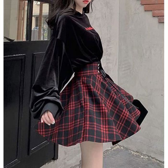 Jupe pour femme WOVTE Taille haute evasee plissee Rouge et Noir Plaid Rouge et noir Cdiscount Pret a Porter