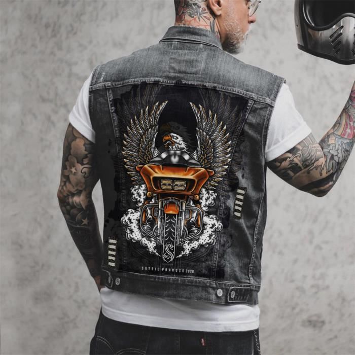 Minetom Homme Gilet en Jean Veste Courte Sans Manches en Jean Vintage D lav Punk Impression de Graffitis Gilet Denim Veste de Moto