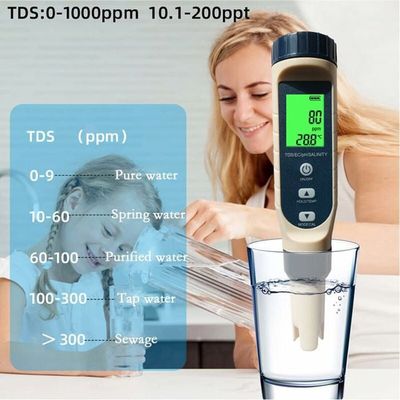 Testeur PH 5 En 1 - Mesure PH, EC, TDS, Salinité, Température - Précision ±0.01 - Écran LED Rétroéclairé - Pour Piscine, Aquarium, Eau Potable - 1