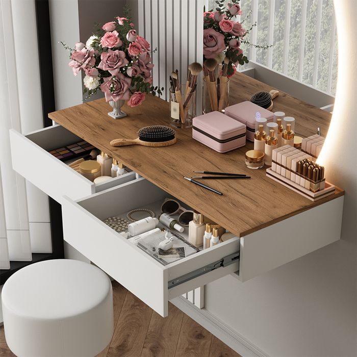 Coiffeuse Melina, 100cm avec miroir LED et tabouret, Blanc/Chêne, Vicco ...